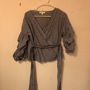 Gingham Wrap Style Puff Sleeve Top